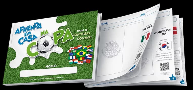 ebook Aprenda em Casa Na Copa, mostrando a capa e algumas páginas internas sendo folheadas